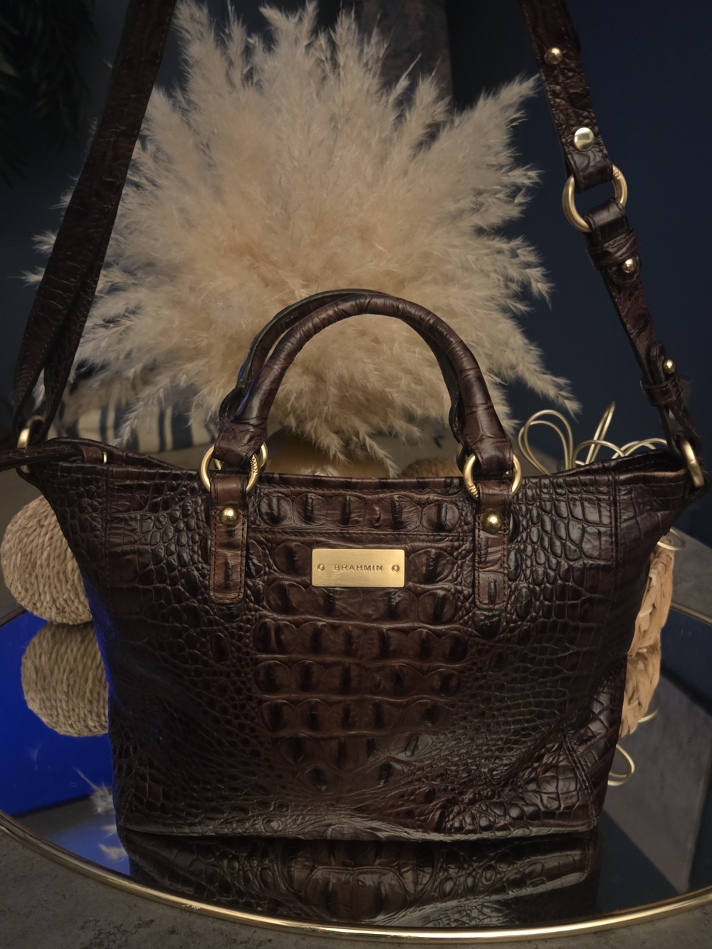 Brahmin Dark Brown Croc-Embossed Leather Crossbody Bag with Gold Hardware